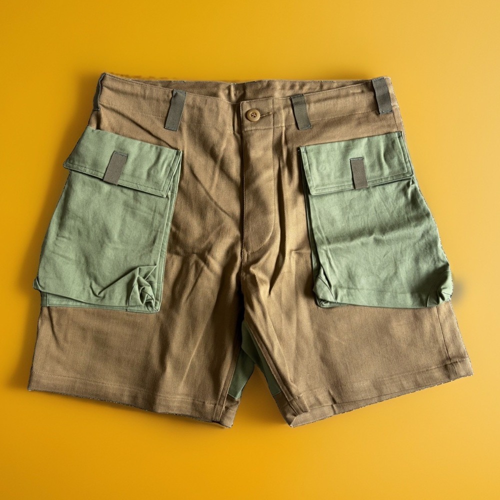 Wasted Collective Organic Cotton Cargo Shorts Olive Green Tan Large Japan NWOT